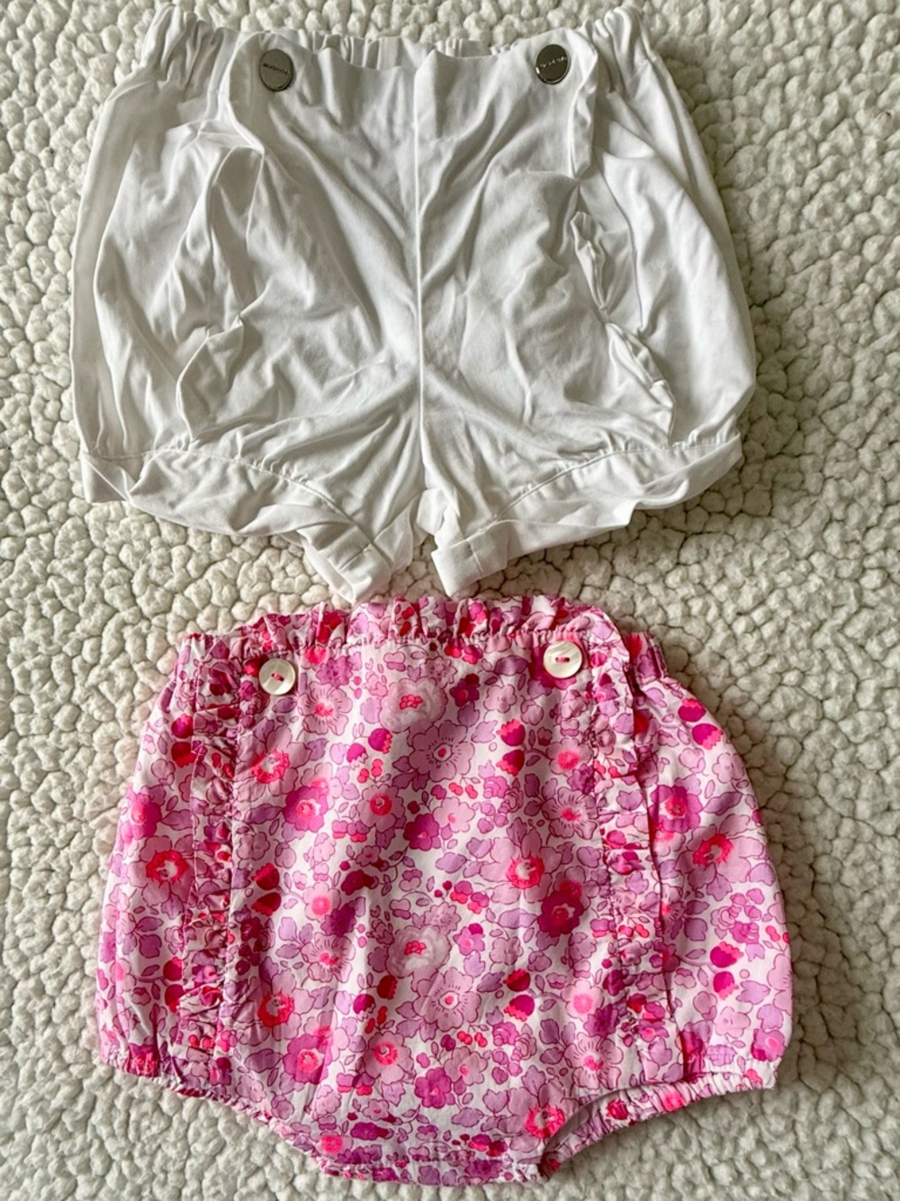 Jacadi White Bloom-Style Shorts and Pink Floral Bubble Shorts